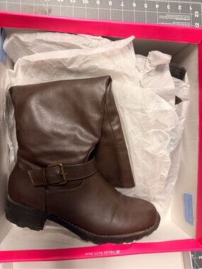 Brown Leather Buckle Mid-Calf Boots